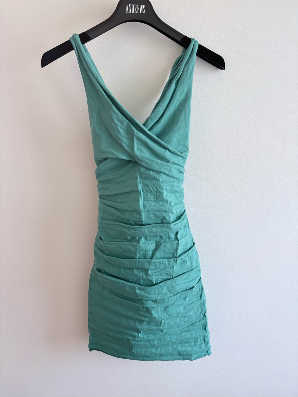 Nicole Miller Y2K Sleeveless Ruched V-Neck Dress in Teal
